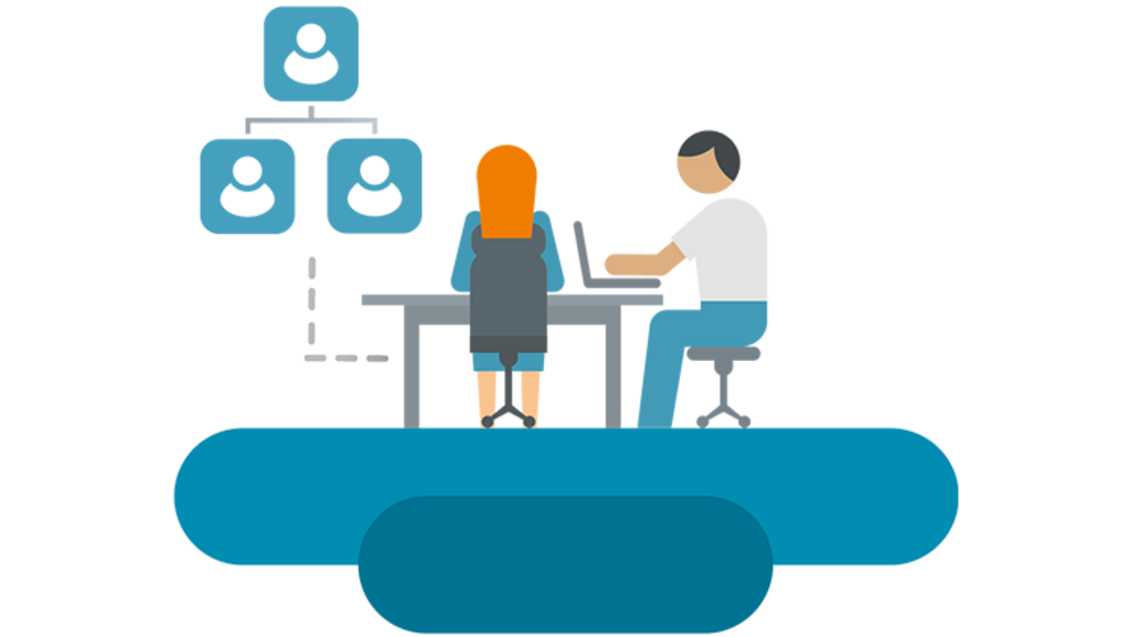 [Translate to pt:] Illustration of 2 people at a desk, talking with chat symbols above their heads